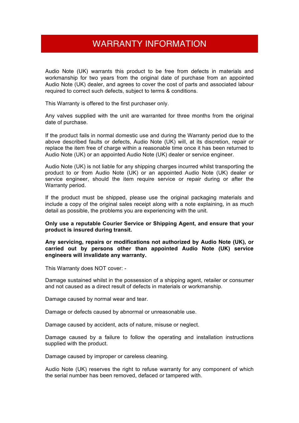 Warranty information | Audio Note AN-S3 User Manual | Page 8 / 9