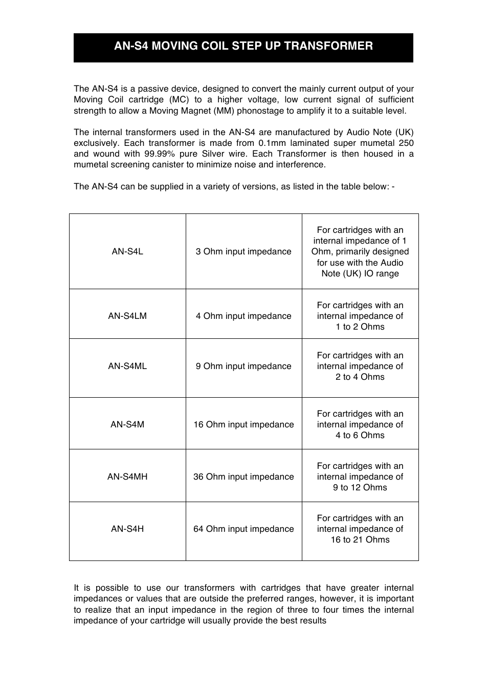 An-s4 moving coil step up transformer | Audio Note AN-S4 User Manual | Page 6 / 9