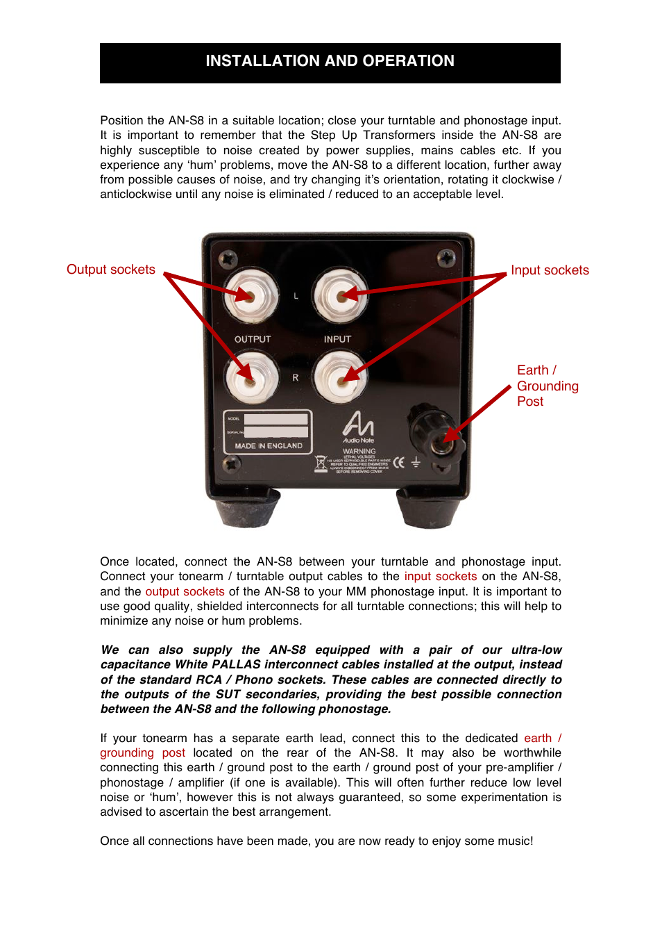 Installation and operation | Audio Note AN-S8 User Manual | Page 7 / 9