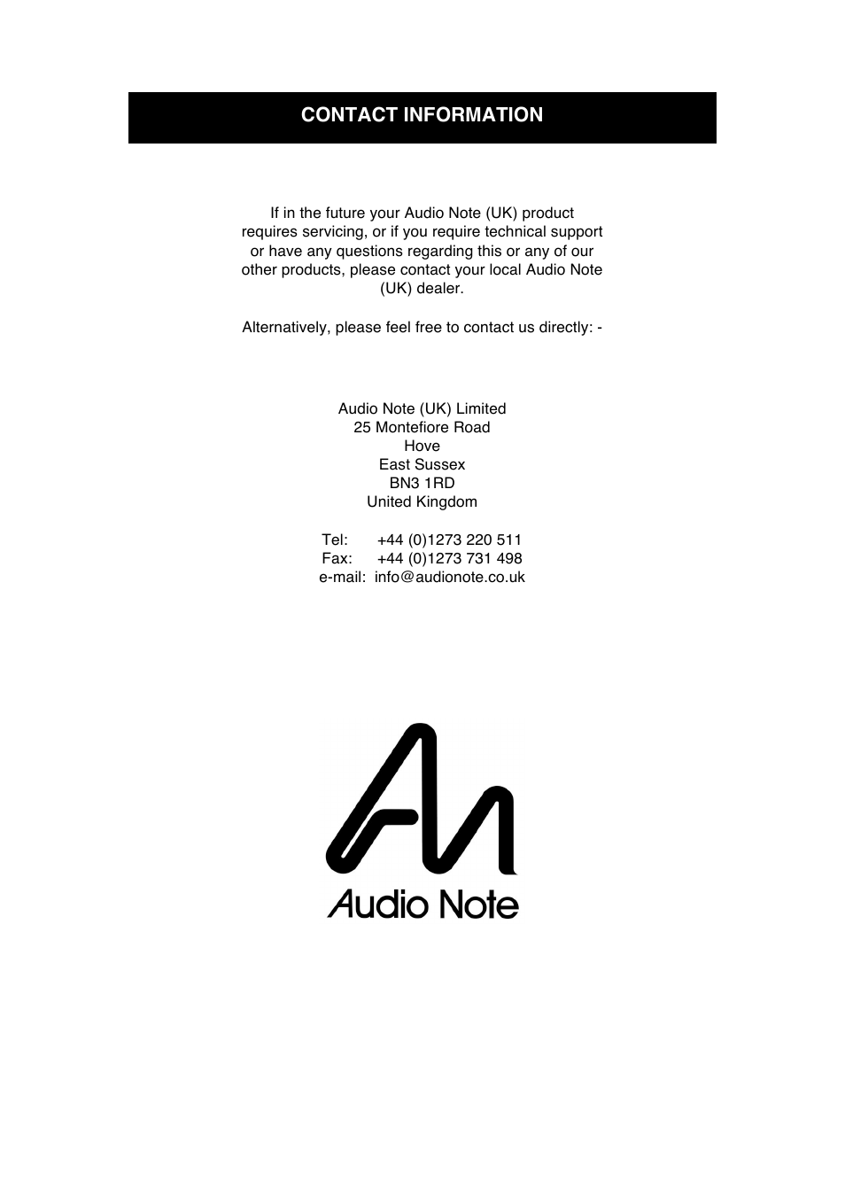 Contact information | Audio Note AN-S9 User Manual | Page 9 / 9