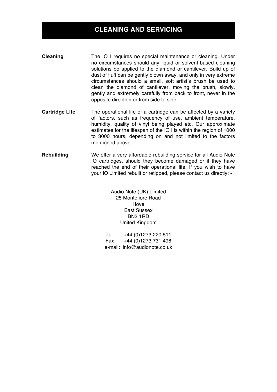 Cleaning and servicing | Audio Note IO I User Manual | Page 12 / 15