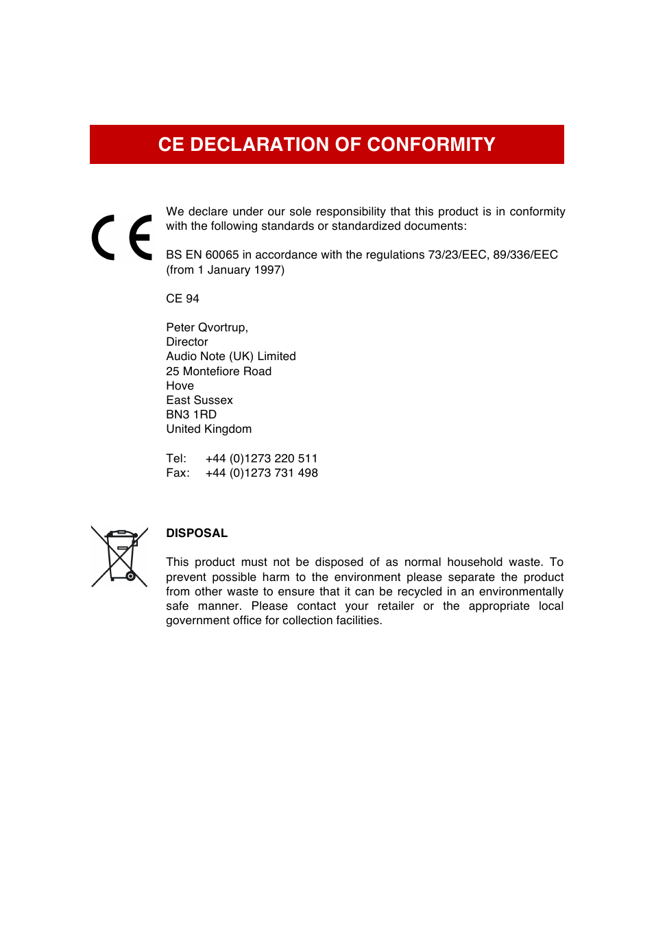 Ce declaration of conformity | Audio Note IO I User Manual | Page 3 / 15
