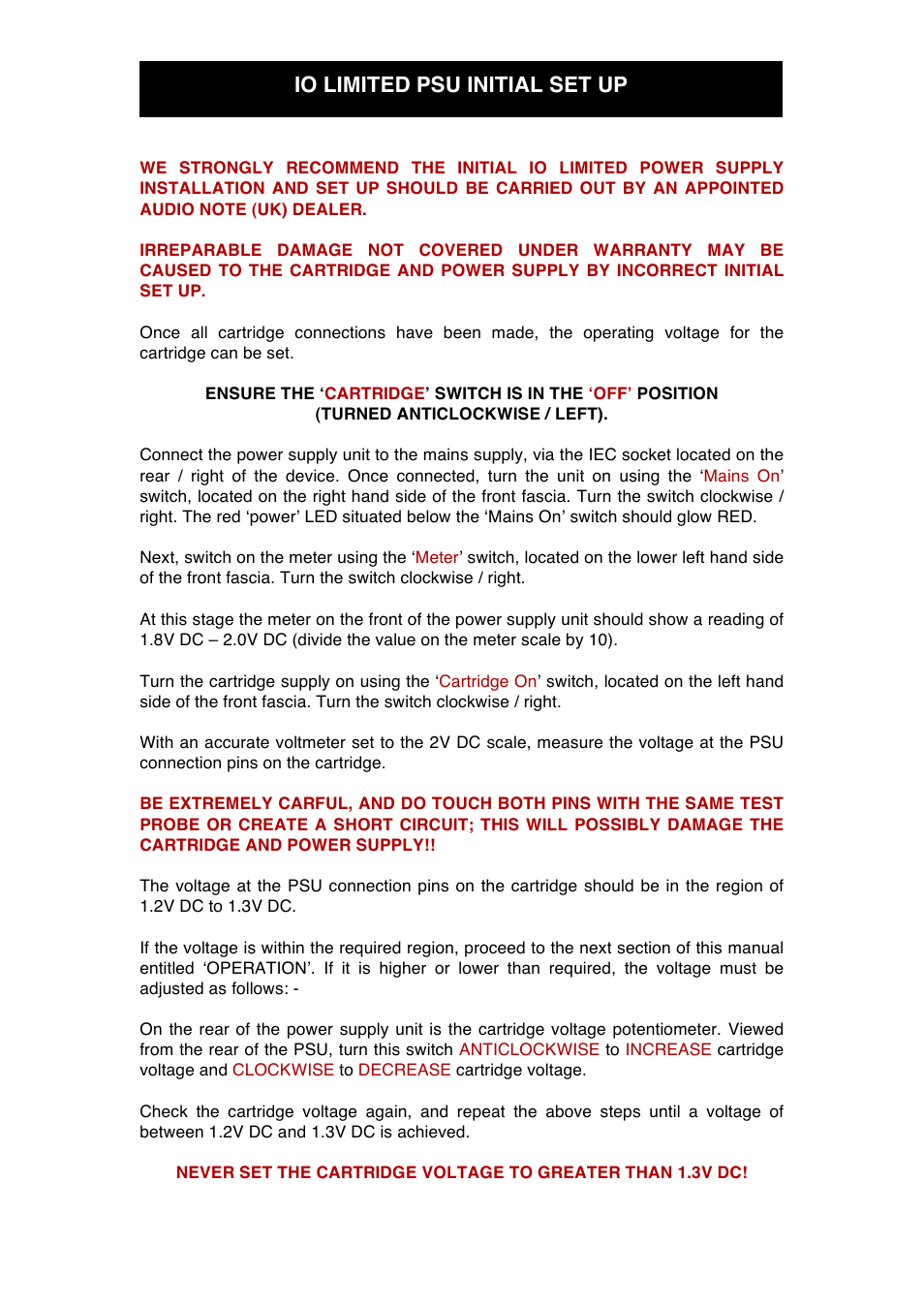 Io limited psu initial set up | Audio Note IO Limited User Manual | Page 13 / 18