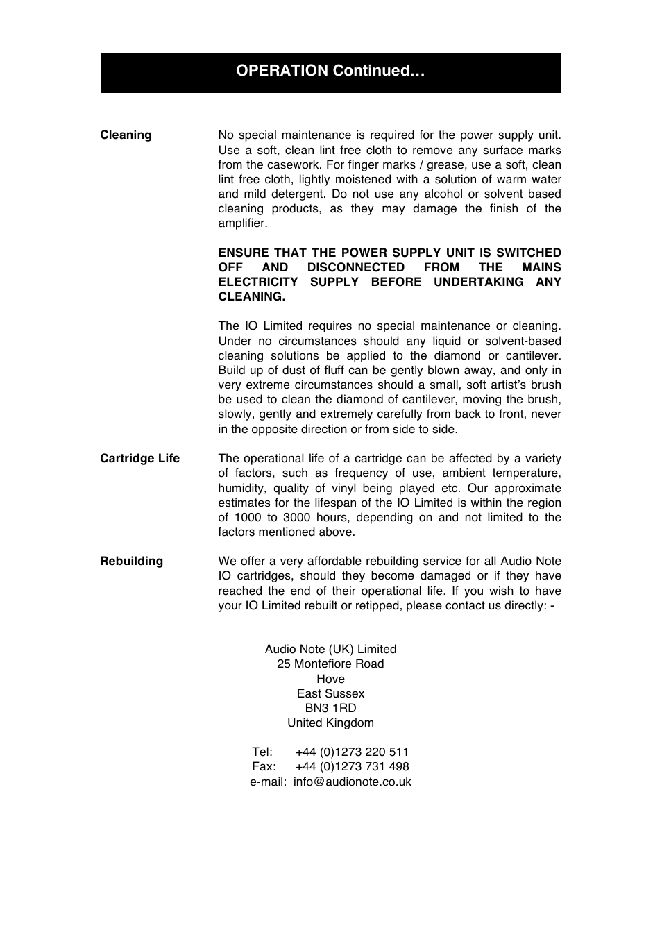 Operation continued | Audio Note IO Limited User Manual | Page 15 / 18