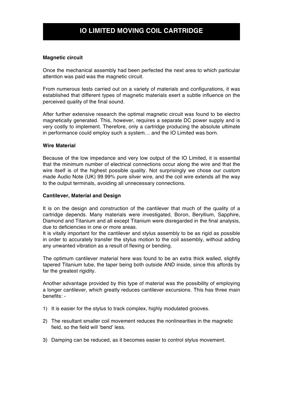 Io limited moving coil cartridge | Audio Note IO Limited User Manual | Page 7 / 18