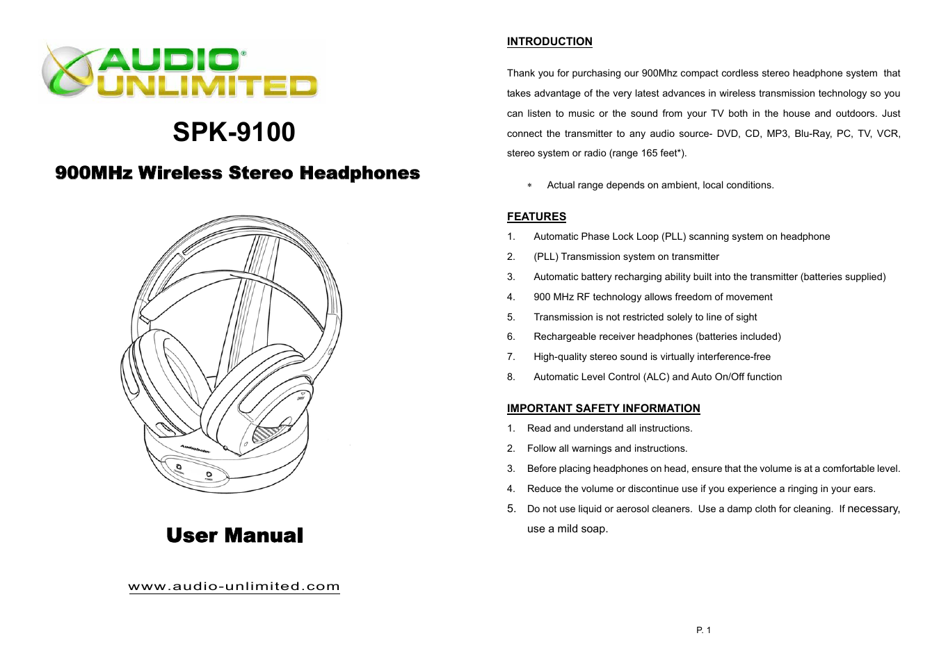 Audio Unlimited spk-9100 Owners Manual User Manual | 6 pages