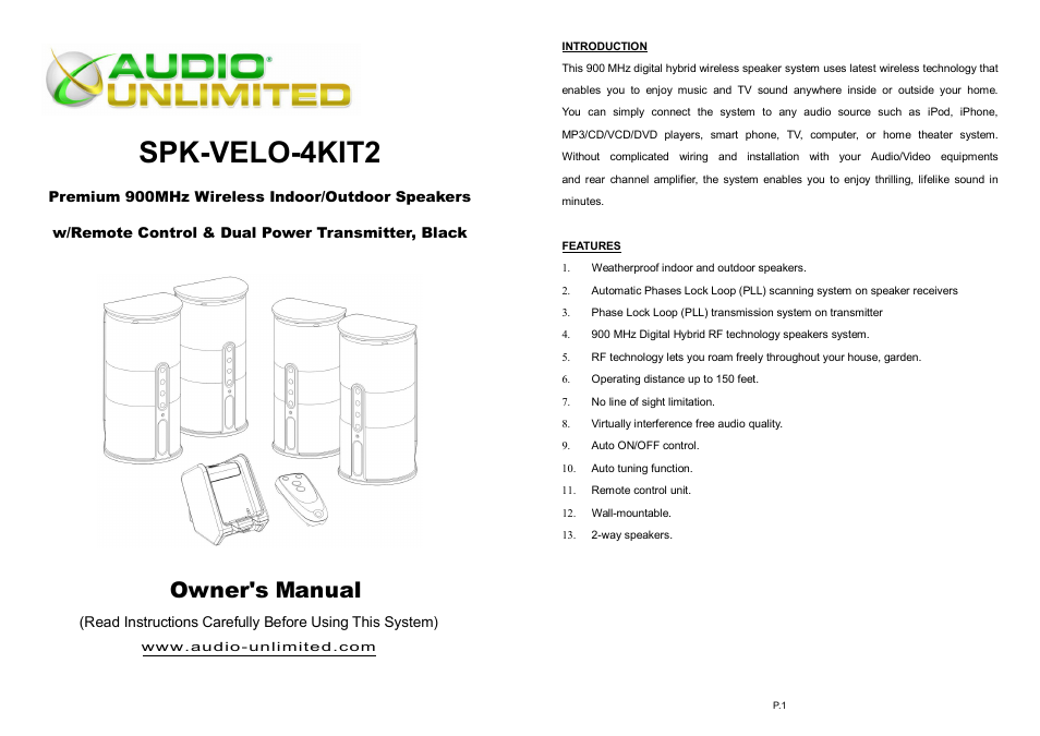 Audio Unlimited spk-velo-4kit2 Owners Manual User Manual | 19 pages