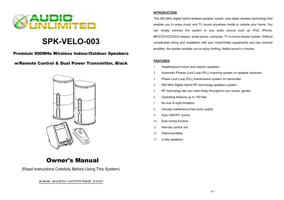 Audio Unlimited spk-velo-003 Owners Manual User Manual | 19 pages