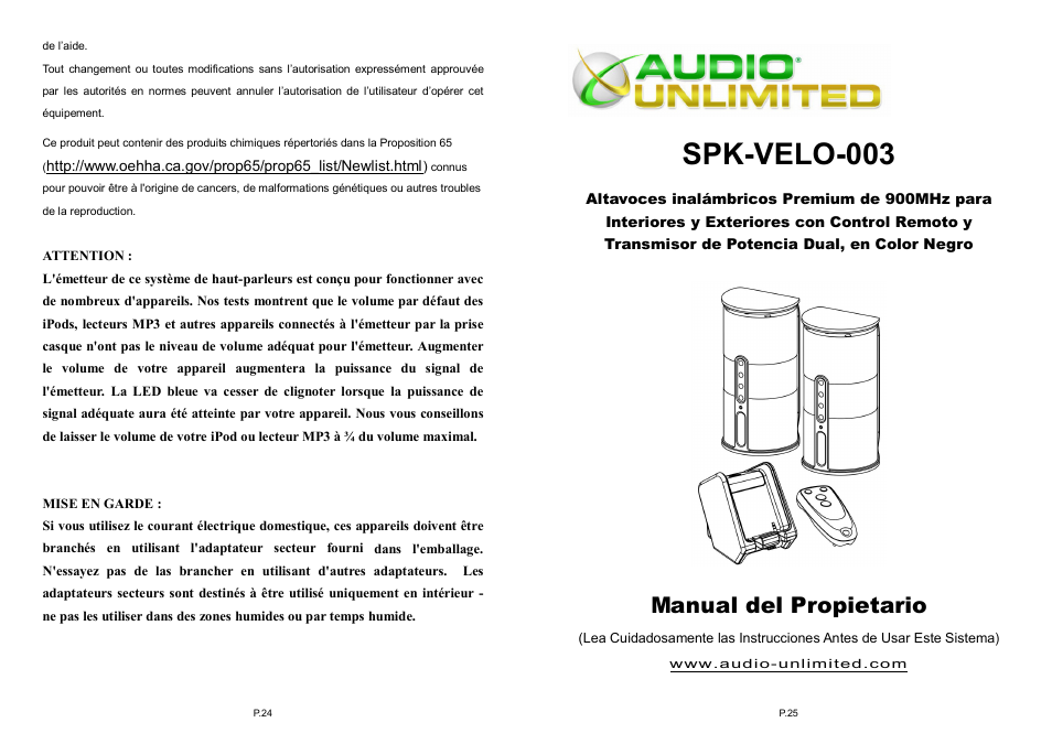 Spk-velo-003, Manual del propietario | Audio Unlimited spk-velo-003 Owners Manual User Manual | Page 13 / 19