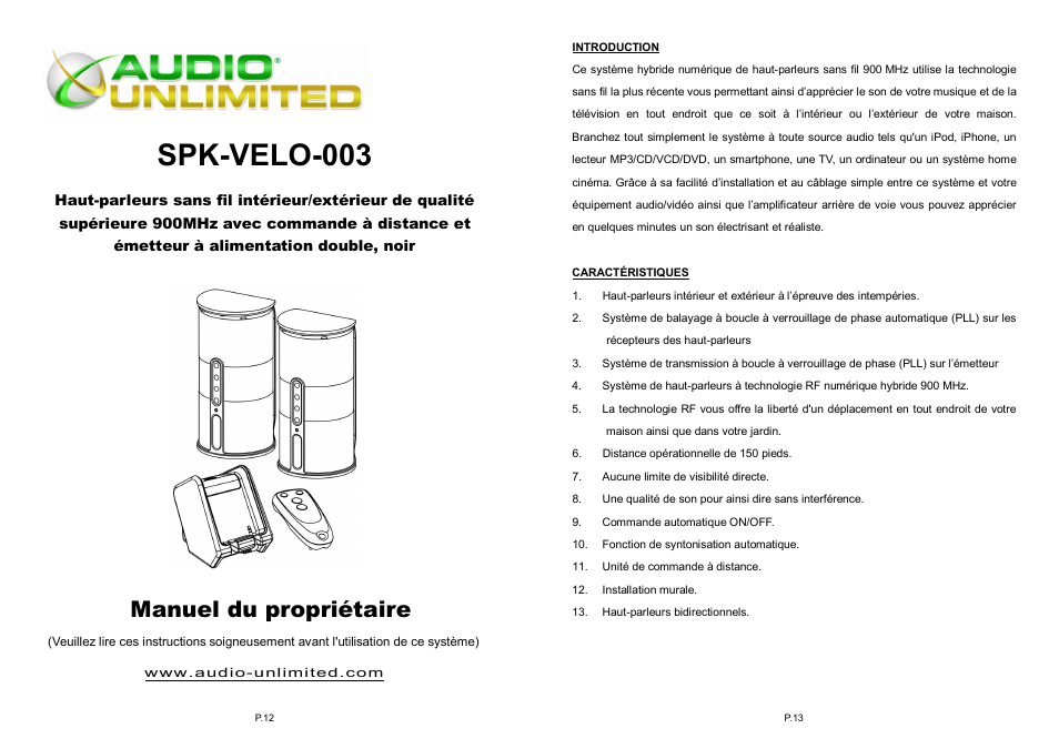 Spk-velo-003, Manuel du propriétaire | Audio Unlimited spk-velo-003 Owners Manual User Manual | Page 7 / 19
