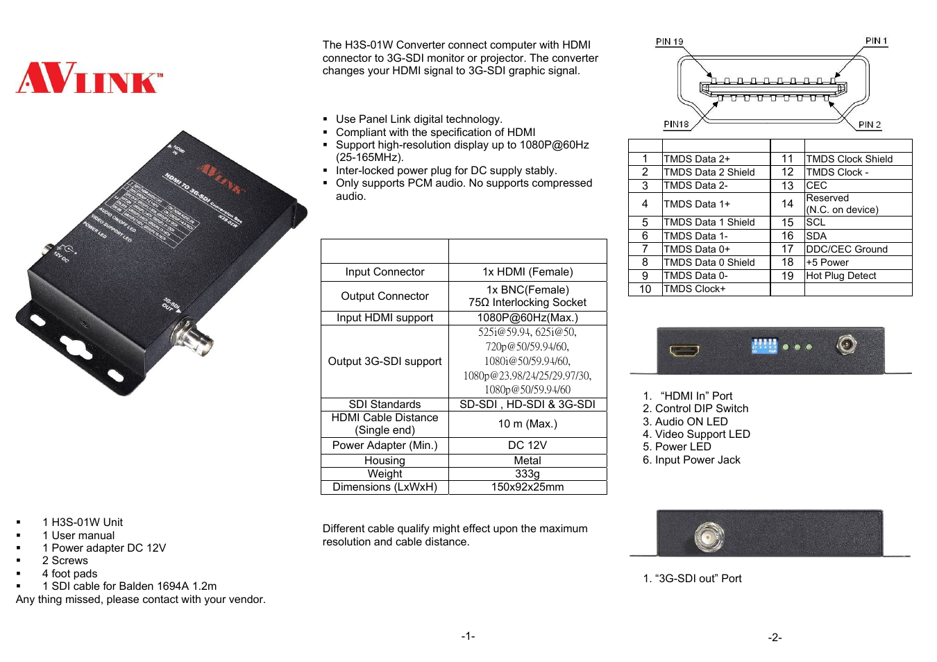 Avlink H3S-01W User Manual | 2 pages