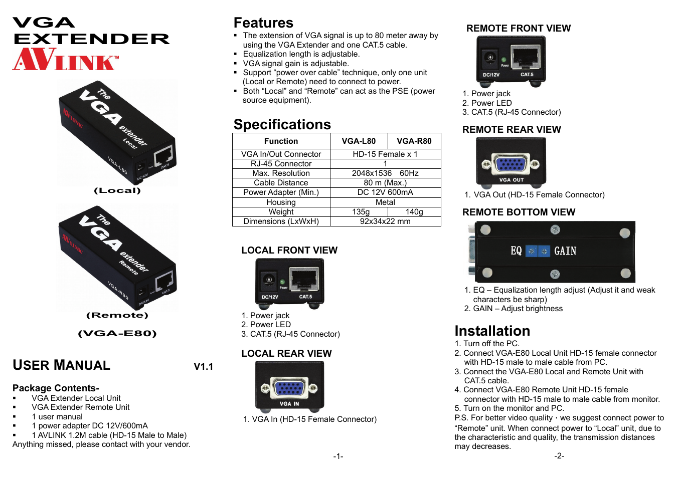 Avlink VGA-E80 User Manual | 2 pages