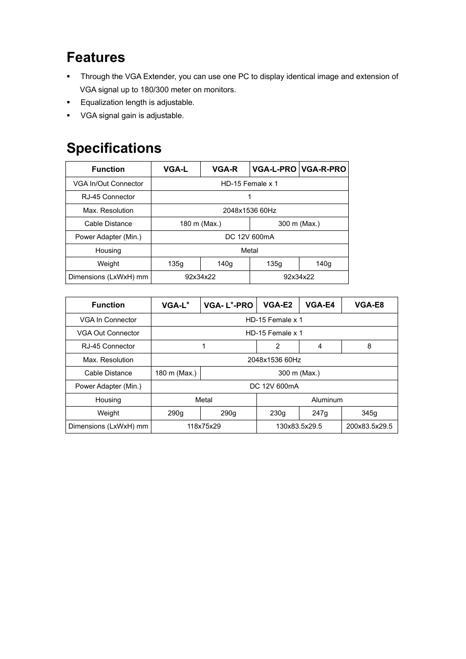 Features, Specifications | Avlink VGA-E8 User Manual | Page 4 / 8