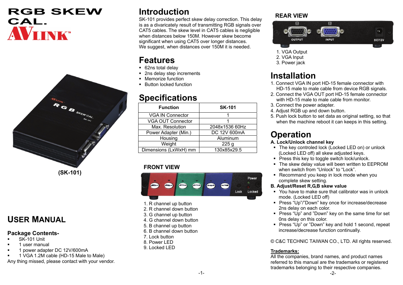 Avlink SK-101 User Manual | 1 page