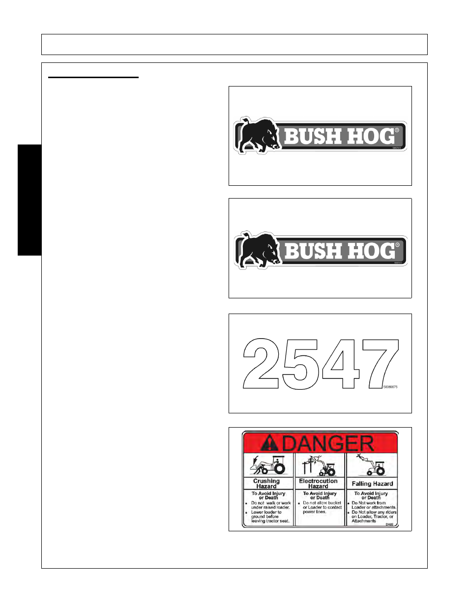 Decal description, Decal description -20, Safety | Bush Hog 2547 User Manual | Page 24 / 108