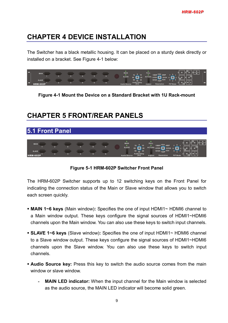 Chapter 4 device installation, Chapter 5 front/rear panels, 1 front panel | Avlink HRM-602P User Manual | Page 10 / 57