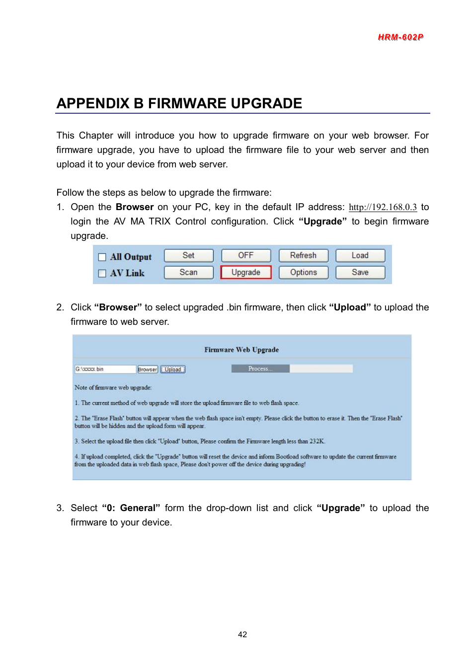 Appendix b firmware upgrade | Avlink HRM-602P User Manual | Page 43 / 57