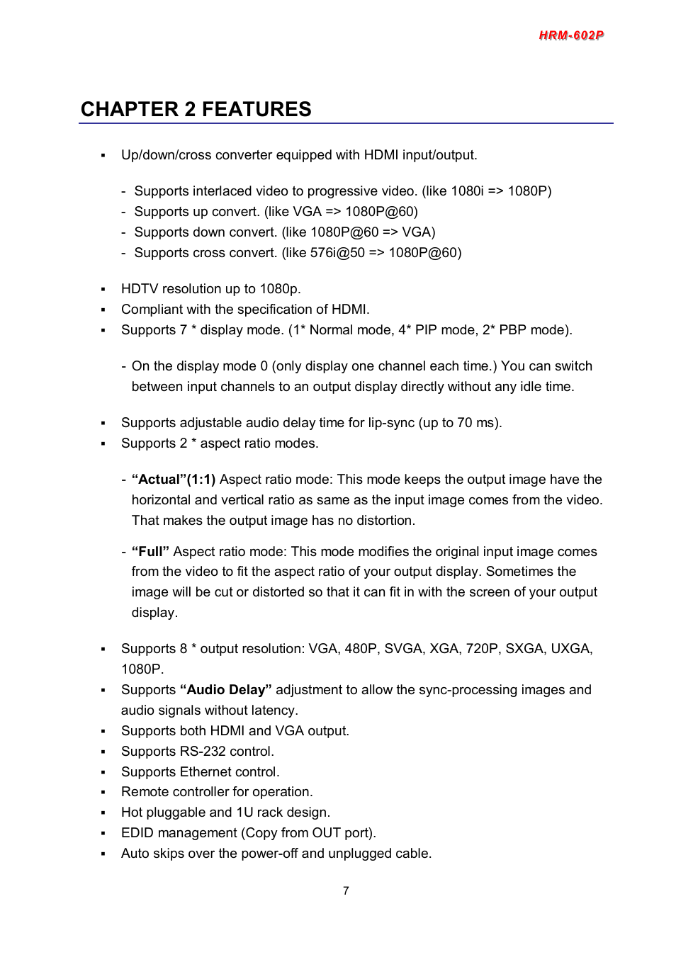 Chapter 2 features | Avlink HRM-602P User Manual | Page 8 / 57
