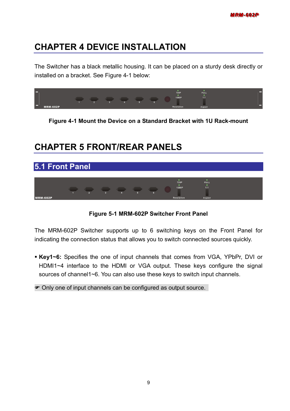 Chapter 4 device installation, Chapter 5 front/rear panels, 1 front panel | Avlink MRM-602P User Manual | Page 10 / 55