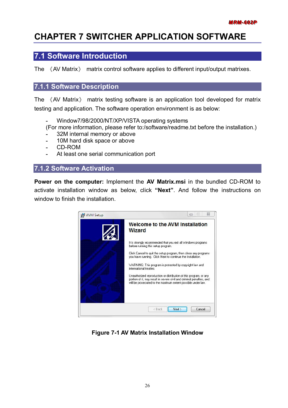 Chapter 7 switcher application software, 1 software introduction, 1 software description | 2 software activation | Avlink MRM-602P User Manual | Page 27 / 55