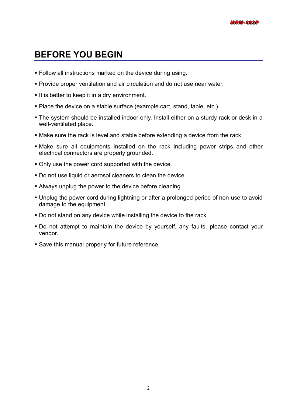 Before you begin | Avlink MRM-602P User Manual | Page 3 / 55
