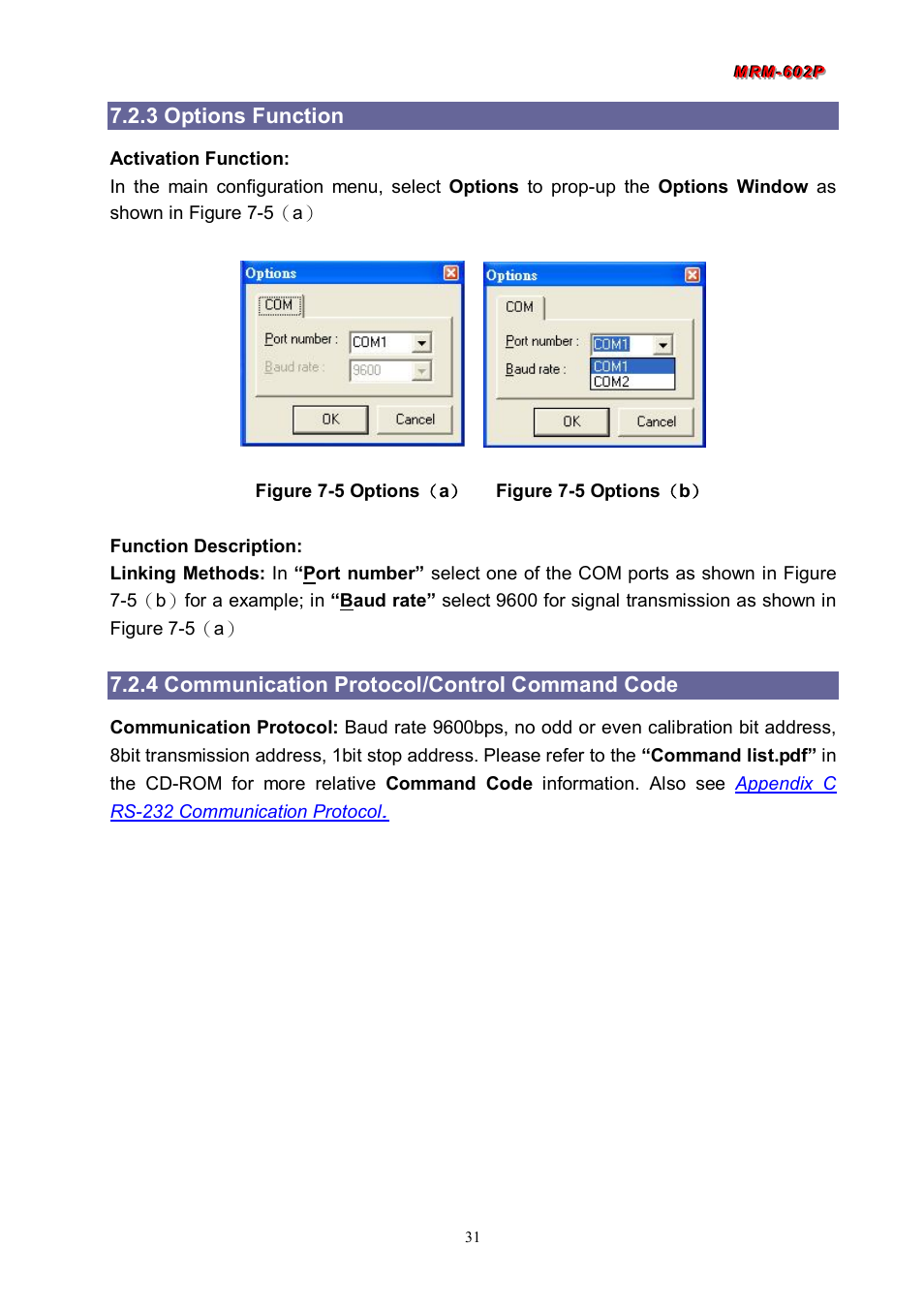 3 options function, 4 communication protocol/control command code | Avlink MRM-602P User Manual | Page 32 / 55
