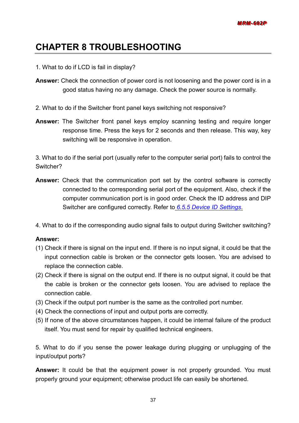 Chapter 8 troubleshooting | Avlink MRM-602P User Manual | Page 38 / 55