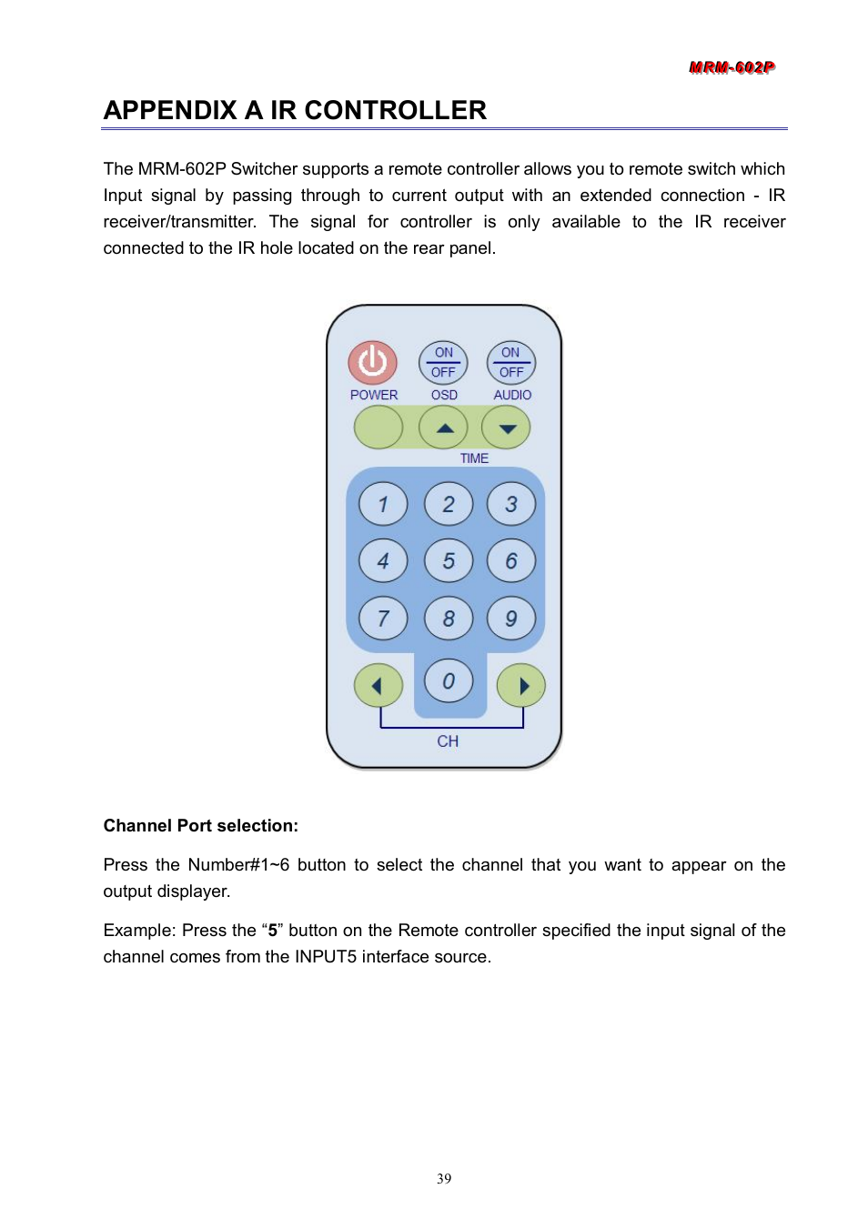 Appendix a ir controller | Avlink MRM-602P User Manual | Page 40 / 55