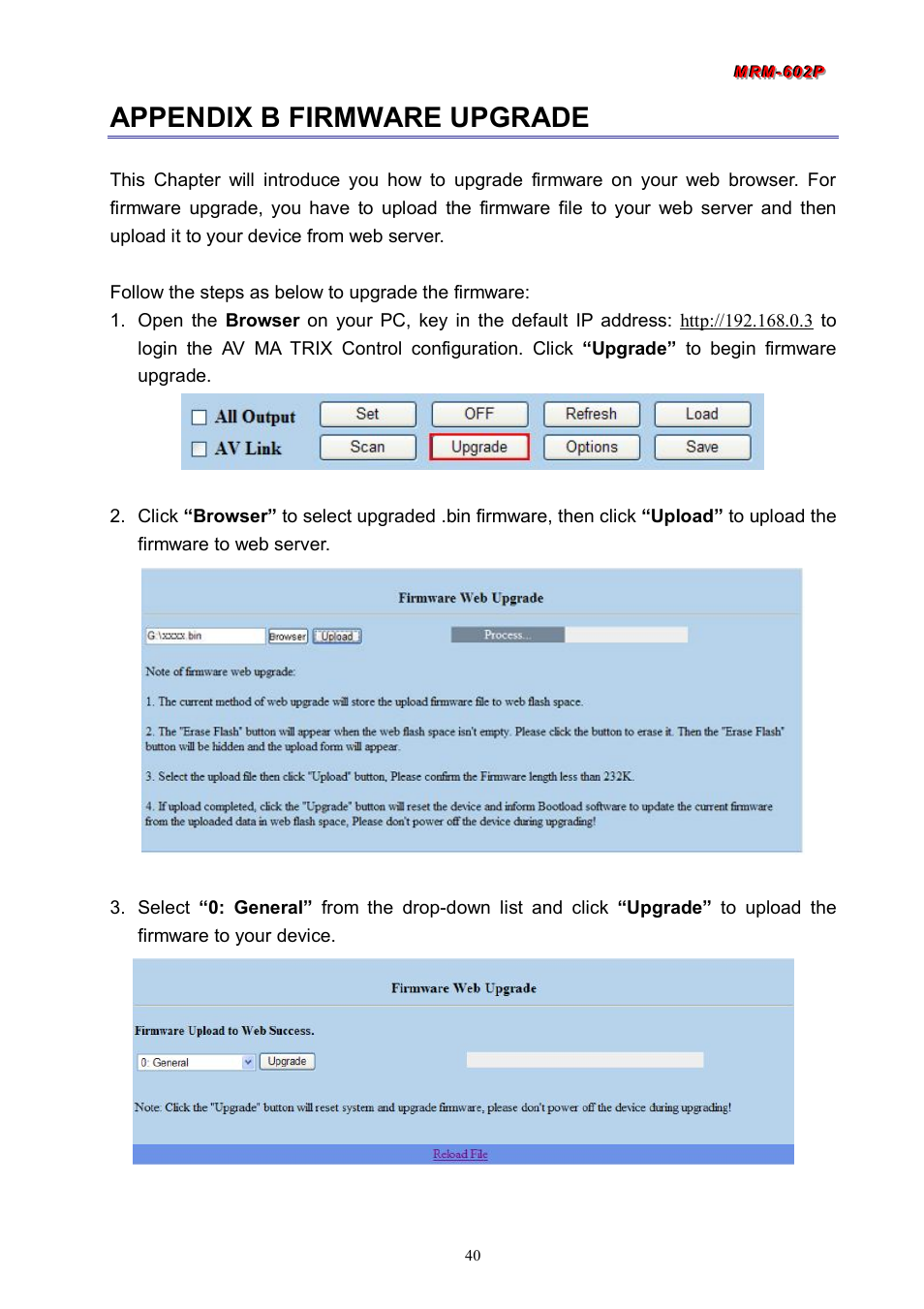 Appendix b firmware upgrade | Avlink MRM-602P User Manual | Page 41 / 55