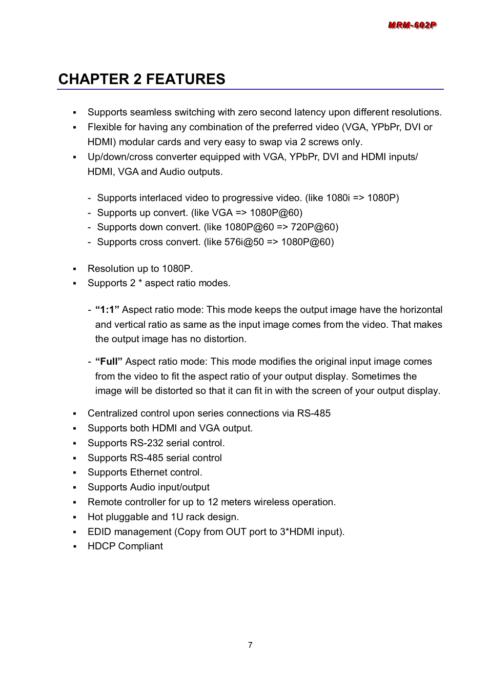 Chapter 2 features | Avlink MRM-602P User Manual | Page 8 / 55