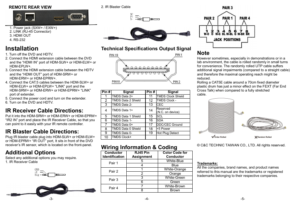 Installation, Ir receiver cable directions, Ir blaster cable directions | Additional options, Wiring information & coding, Technical specifications output signal | Avlink HDM-SXW+ User Manual | Page 2 / 2