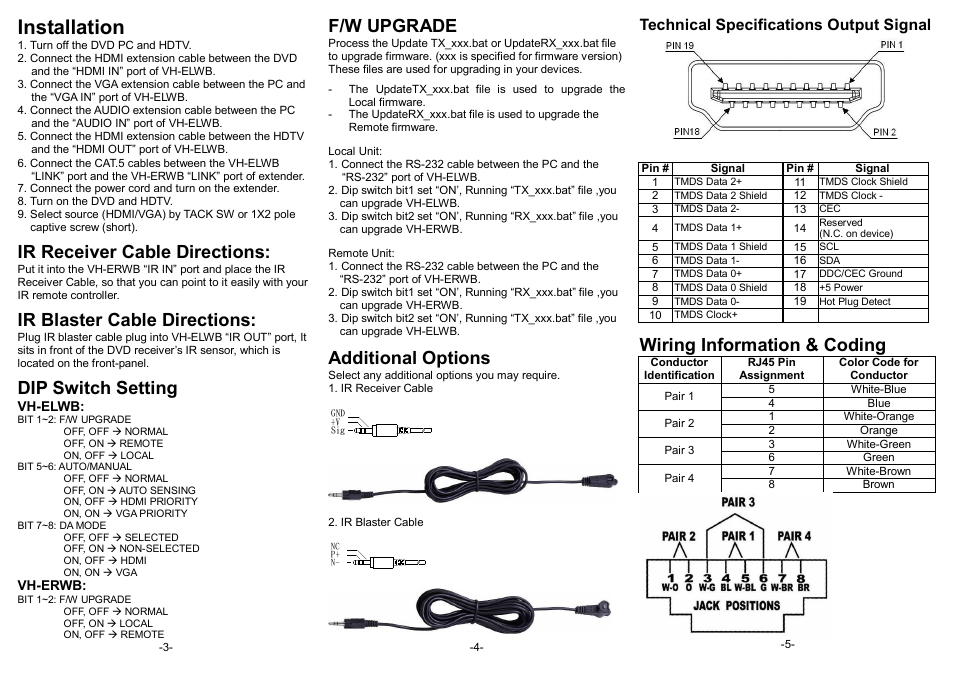 Installation, Ir receiver cable directions, Ir blaster cable directions | Dip switch setting, F/w upgrade, Additional options, Wiring information & coding, Technical specifications output signal | Avlink VH-EXWB User Manual | Page 2 / 3