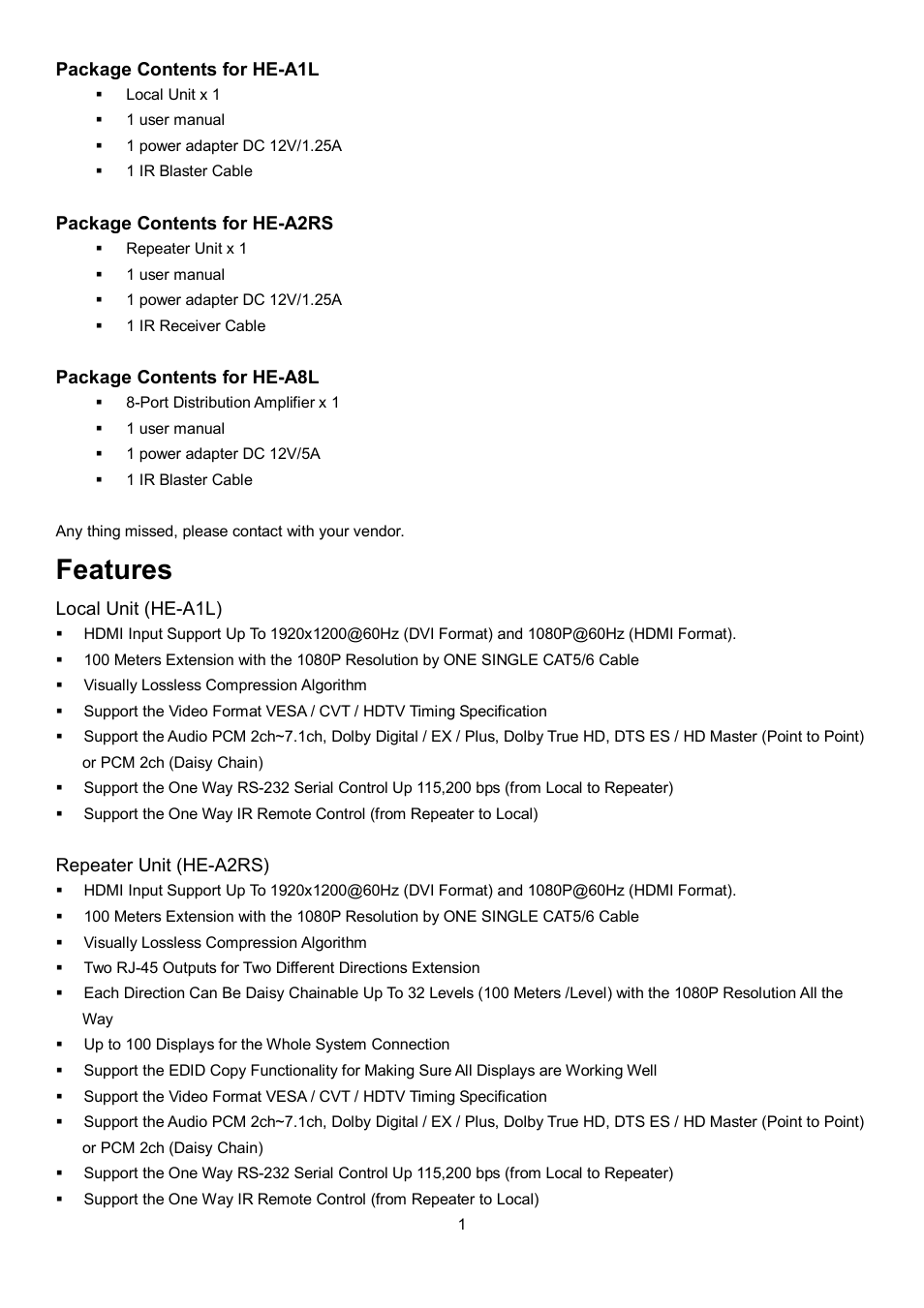 Features | Avlink HE-A8L User Manual | Page 2 / 6