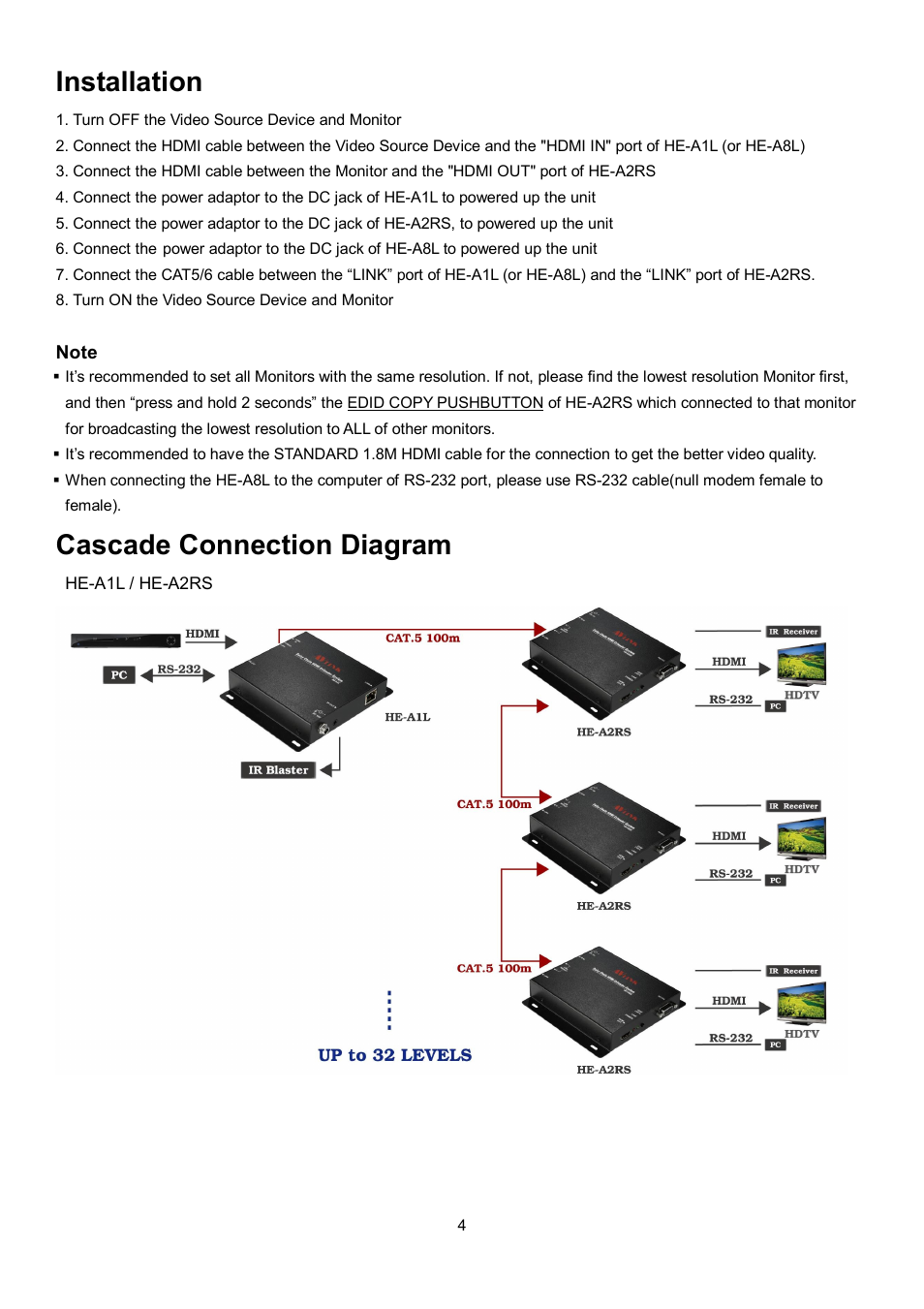 Installation, Cascade connection diagram | Avlink HE-A8L User Manual | Page 5 / 6