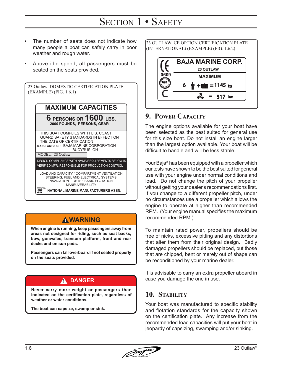 1 • s, Ection, Afety | Maximum capacities, Warning, Baja marine corp | Baja Marine Outlaw 23 User Manual | Page 16 / 82