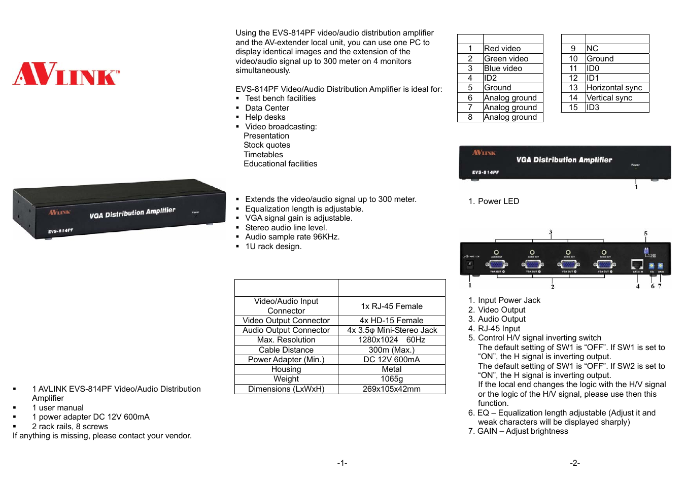 Avlink EVS-814PF User Manual | 2 pages