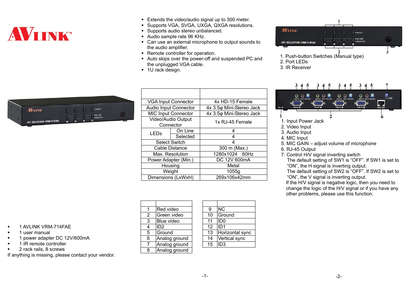 Avlink VRM-714FAE User Manual | 2 pages