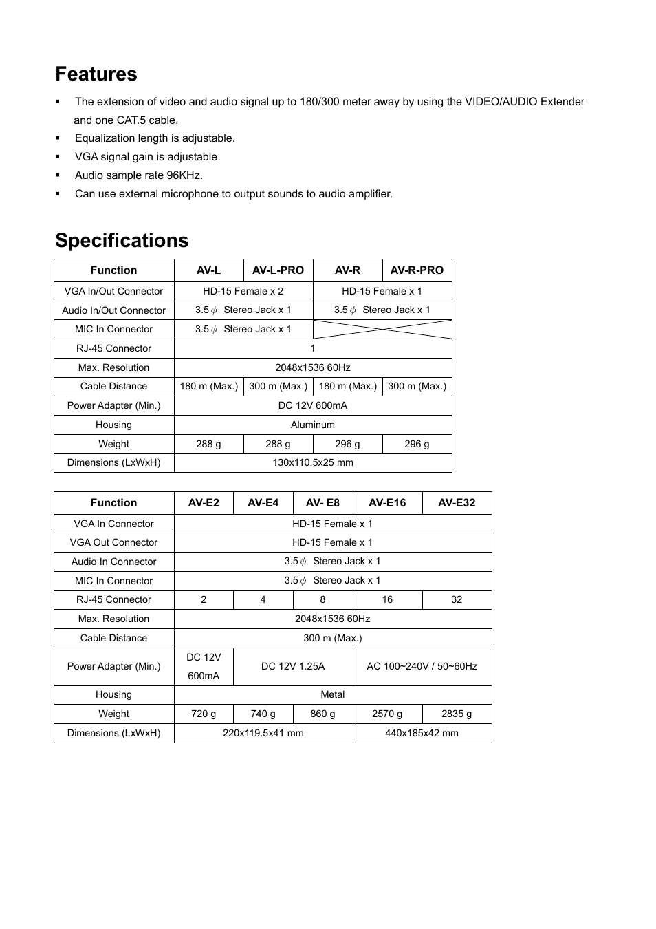Features, Specifications | Avlink AV-E32 User Manual | Page 4 / 8
