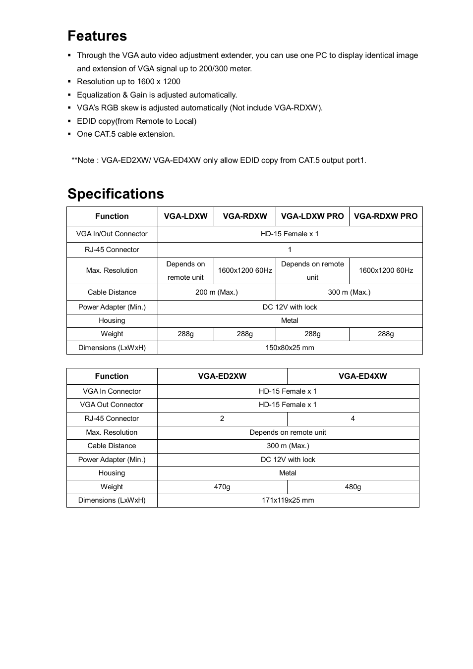 Features, Specifications | Avlink VGA-ED4XW User Manual | Page 4 / 8