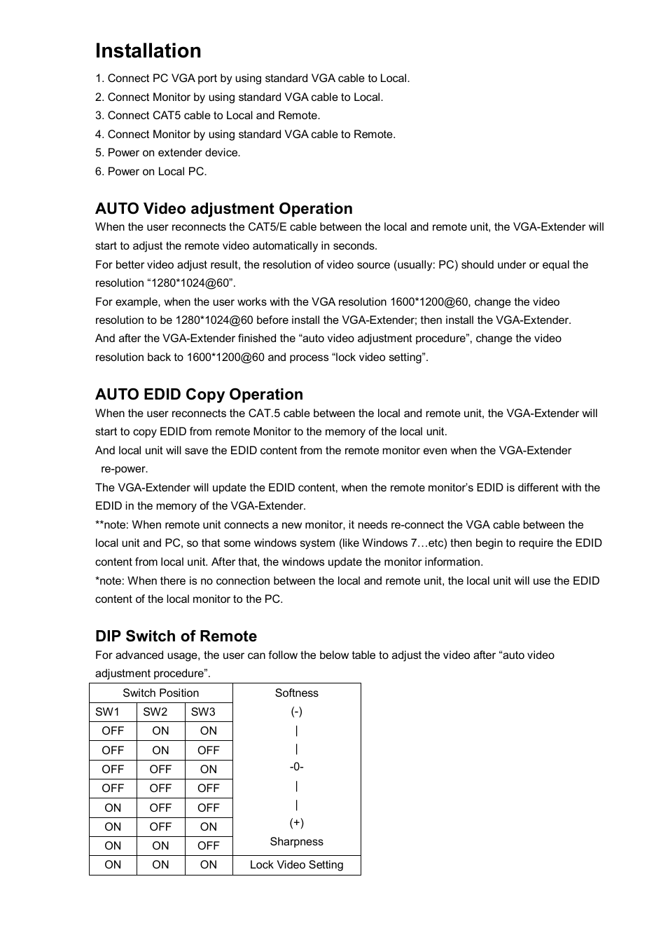 Installation, Auto video adjustment operation, Auto edid copy operation | Dip switch of remote | Avlink VGA-ED4XW User Manual | Page 6 / 8