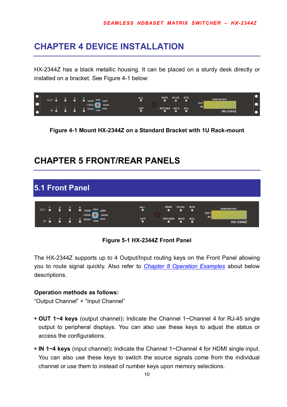 Chapter 4 device installation, Chapter 5 front/rear panels, 1 front panel | Avlink HX-2344Z User Manual | Page 11 / 72