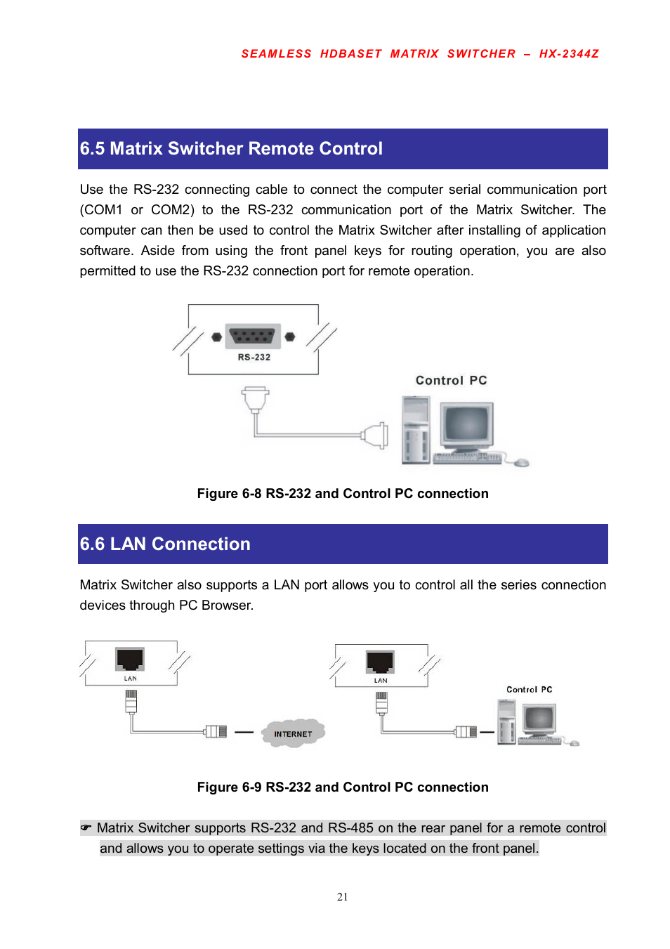 5 matrix switcher remote control, 6 lan connection | Avlink HX-2344Z User Manual | Page 22 / 72