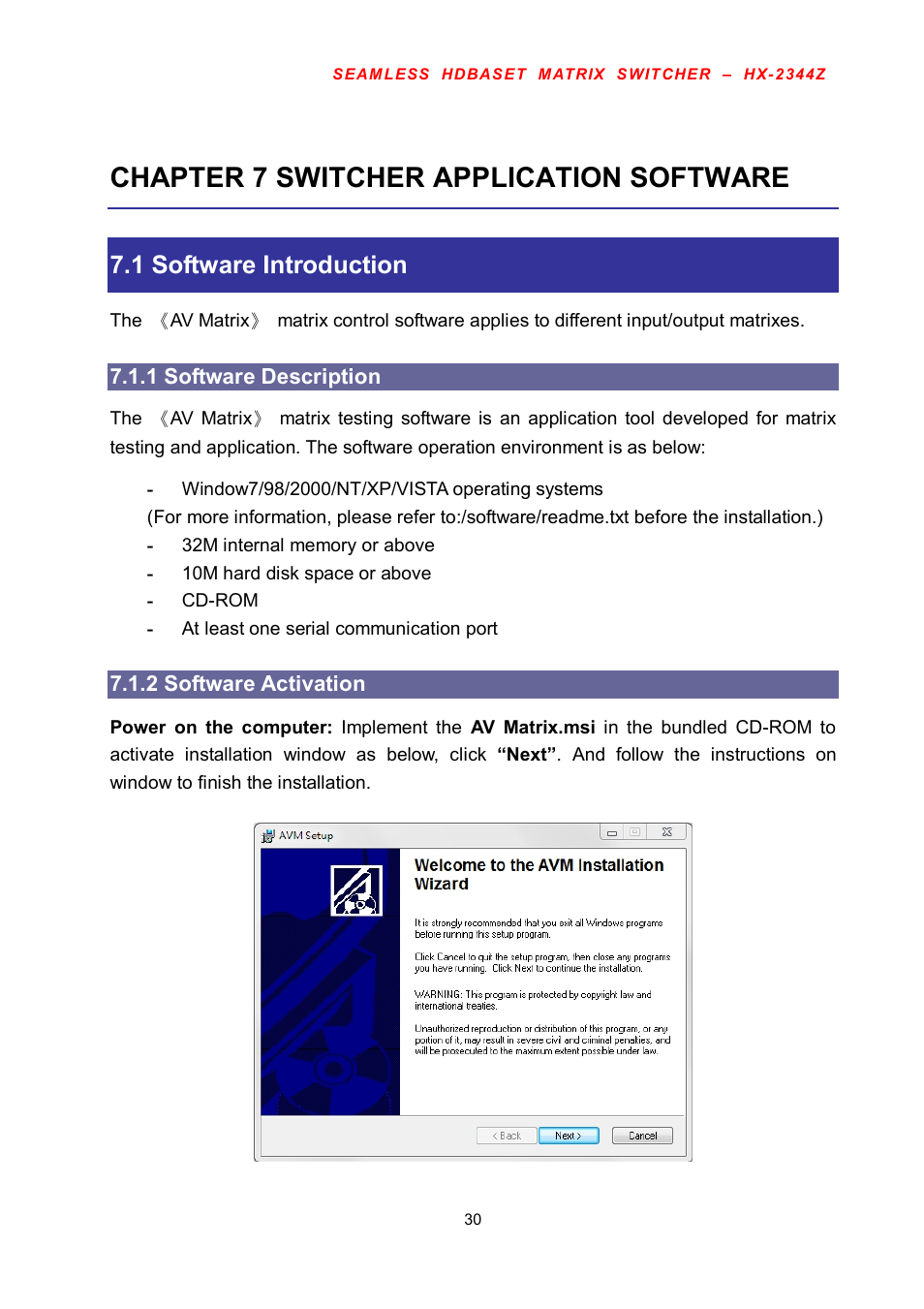 Chapter 7 switcher application software, 1 software introduction | Avlink HX-2344Z User Manual | Page 31 / 72