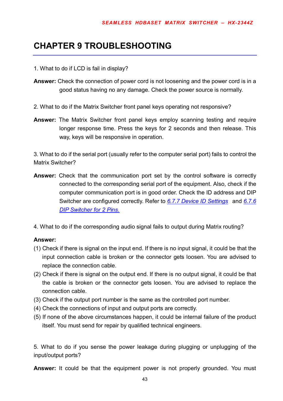 Chapter 9 troubleshooting | Avlink HX-2344Z User Manual | Page 44 / 72