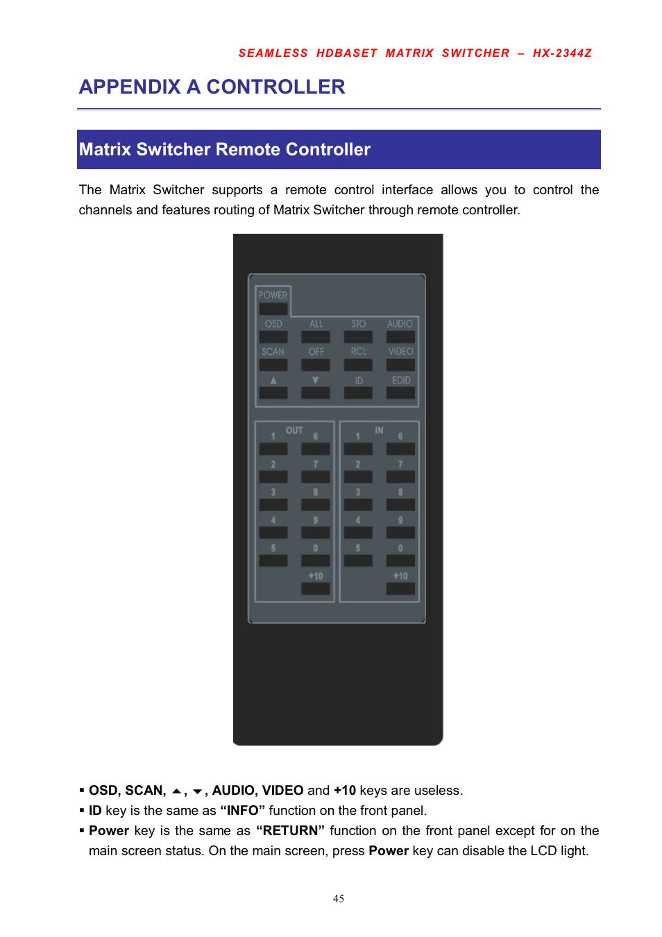 Appendix a controller, Matrix switcher remote controller | Avlink HX-2344Z User Manual | Page 46 / 72