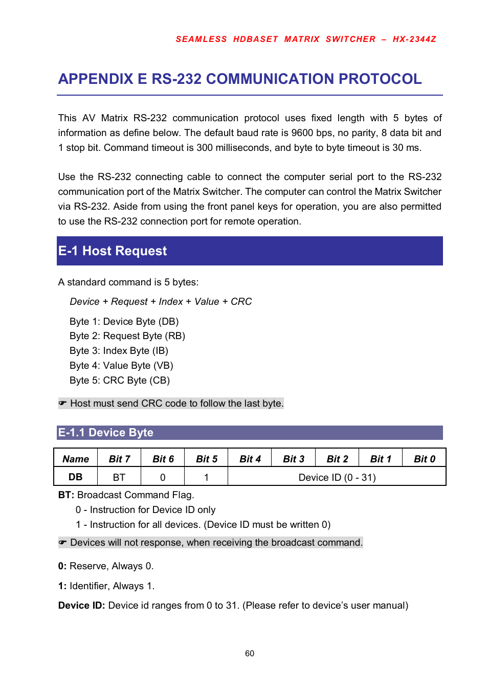 Appendix e rs-232 communication protocol, E-1 host request | Avlink HX-2344Z User Manual | Page 61 / 72