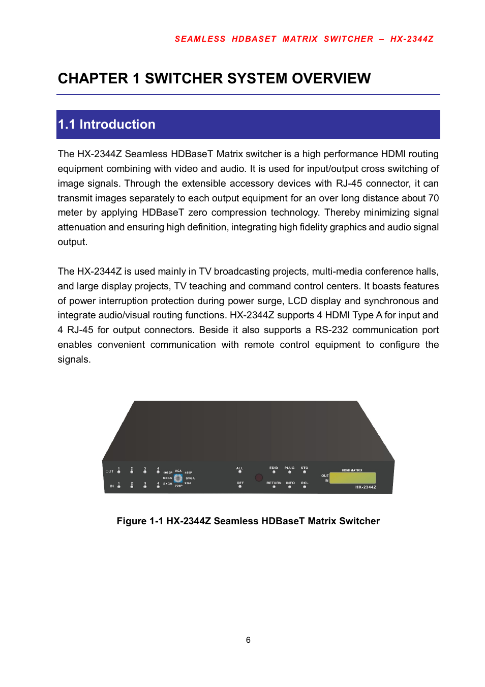 Chapter 1 switcher system overview, 1 introduction | Avlink HX-2344Z User Manual | Page 7 / 72