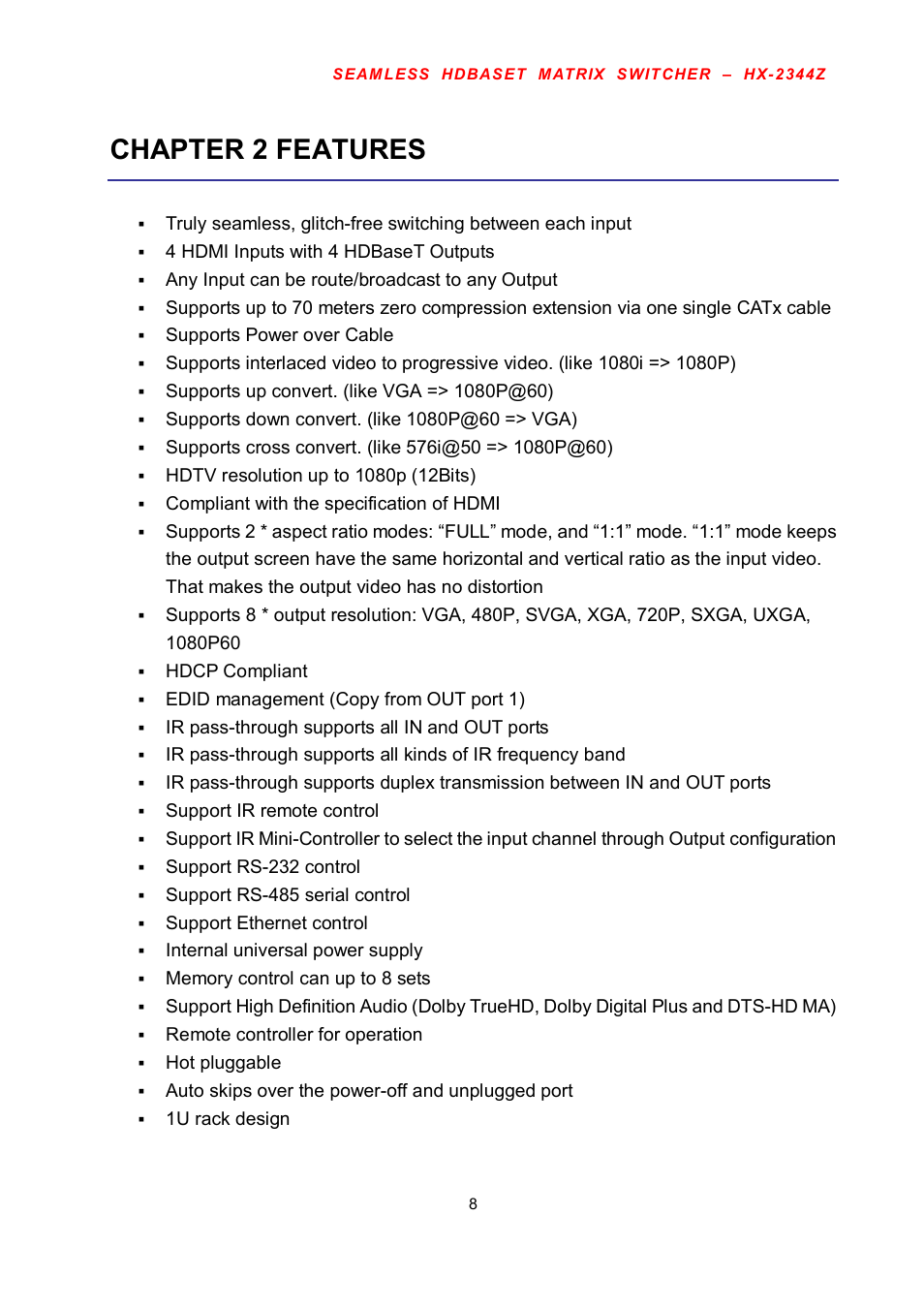 Chapter 2 features | Avlink HX-2344Z User Manual | Page 9 / 72