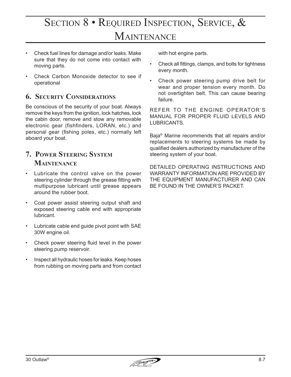 8 • r, Ection, Equired | Nspection, Ervice, Aintenance | Baja Marine Outlaw 30 User Manual | Page 71 / 84