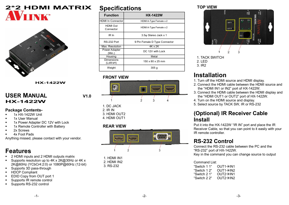 Avlink HX-1422W User Manual | 2 pages